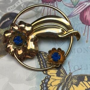 Courtly 1/20 12k GF Gold Floral Brooch with Blue Rhinestone Center 1 5/8”